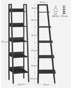 Létrapolc, könyvespolc, 5 szintes keskeny polc, fekete