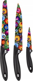 Konyhai kések, népies virágmintás, rozsdamentes acél, 3 darabos készlet