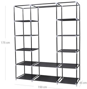 MATIS 150x175 cm fekete textilszekrény polcokkal és ruhatartó rúddal