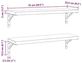 2 db ezüstszínű rozsdamentes acél fali polc 75 x 23,5 cm