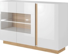 Komód üveggel, fehér/tölgy grandson/magasfényű fehér, CITY