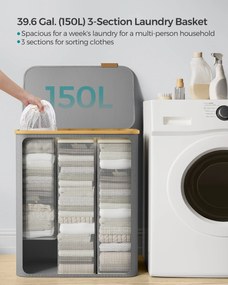 Fedeles, 3 rekeszes mosókosár, 150L, levehető bélés, összecsukható, galambszürke