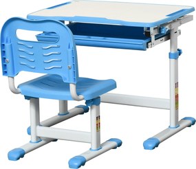 HOMCOM Gyerek Íróasztal és Szék Szett 2 az 1-ben Íróasztal és Szék 6+ Éves Gyermekek Számára Magasságállítható Asztallappal és Csúszó Tálcával, 66x47x