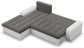 Toronto sarokkanapé, 2 ágyneműtartóval, bársony + műbőr, baloldali, szürke - fehér