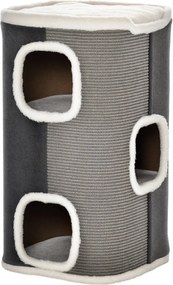 PawHut Kaparó Henger 74 cm Magas háromszintes macska henger párnával, plüss szélekkel, macska búvóhely, kaparófa kis macskáknak, Szürke+Fehér | Aosom