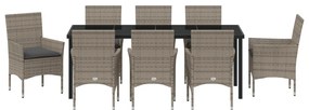 9 Fős Kerti Étkezőgarnitúra Párnákkal Szürke Poli Rattan, Kerti Asztal Fekete 200x80x73 cm Edzett Üveg