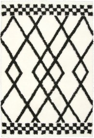 60x100 cm Bolyhos Világos Szőnyeg Shaggy Boho Krém Fekete Rombusz Vonalak