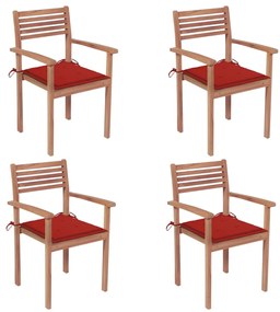 vidaXL 4 db tömör tíkfa kerti szék piros párnákkal