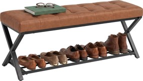 HOMCOM cipőpad párnázott üléssel, tárolópolccal, ipari X-keretes acélváz, PU bőr, max. 220 kg, 112 x 37 x 47 cm, barna | Aosom