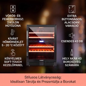 Klarstein Vinovilla Onyx 43, kétzónás borhűtő, 129 liter, 43 palack, 3 színű LED világítás