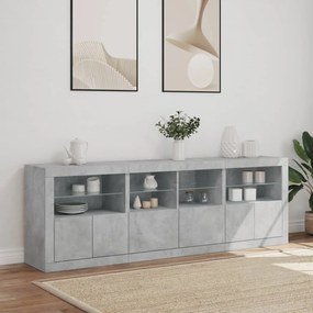 betonszürke tálalószekrény LED-világítással 202x37x67 cm
