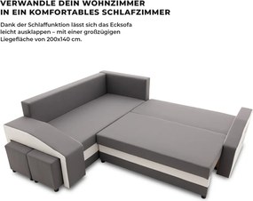 Grande sarokkanapé polcokkal és puffokkal , polc a jobb karfaban puffok a bal karfaban, baloldali, szövet anyag, bonell töltet, szürke - fehér