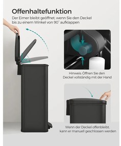 Konyhai szemetes 40L, nagy pedálos kuka fedéllel, 15 szemeteszsák mellékelve, fekete