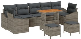 10 részes kertibútor szett párnákkal, szürke poli rattan akácia, 2-személyes kertibútor párnákkal, szürke poli rattan, 3 részes kertivacsora szett párnákkal, szürke poli rattan akácia