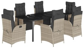vidaXL 7 részes világosszürke polyrattan kerti étkezőszett párnával