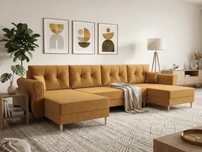 Ágyazható U alakú kanapé SILVIANO 300x140 cm, mustár színű + 2 db díszpárna INGYEN