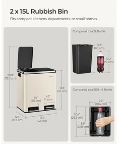 SONGMICS konyhai szemetes, 2 x 15 literes dupla kuka szelektív hulladékgyűjtéshez, homokbézs és fekete színben