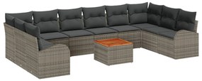 11 Részes Kert Canapé Szett Párnákkal Szürke Poli Rattan Acacia, 2-üléses Kert Canapé Tárolóval és Párnákkal Szürke Poli Rattan