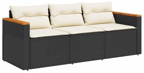 Fekete 3 személyes polyrattan kerti kanapé párnákkal