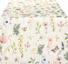 Asztalterítő 40x220 Len Futópad Természetes Bézs Virágok Összekötő 11012
