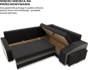 Grande sarokkanapé polcokkal és puffokkal , polc a bal karfaban puffok a jobb karfaban, jobboldali, szövet anyag, bonell töltet, fekete - szürke