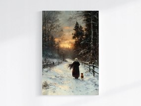 Vászonkép Canvas Tájkép Erdő Ösvény Tél Hó Nő Kutya 80x120