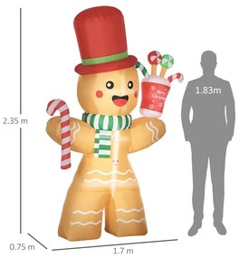 Önfelfújó mézeskalács figura kalapban, LED világítással, felfújóval, 235cm magas