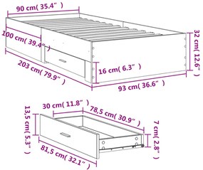 betonszürke szerelt fa ágykeret fiókokkal 90 x 200 cm