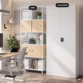 Iratrendező polc zárható szekrénnyel, irodai, nyitott polcok, fém fehér/sonoma tölgy, 800x2200x400 mm: ARIEL Eco Design