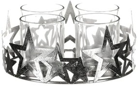 Adventi Csillag gyertyatartó üvegpoharakkal, fém, ezüst