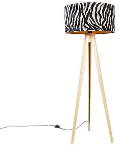 Állólámpa fa, zebra mintás szövetbúrával 50 cm - Tripod Classic