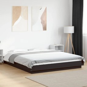 fekete szerelt fa ágykeret LED-világítással 150 x 200 cm