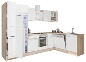 Yorki 310sarok konyhabútor sonoma tölgy korpusz,selyemfényű fehér front alsó sütős elemmel felülfagyasztós hűtős szekrénnyel