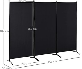 HOMCOM 3-panelás Paraván 2,53m x 0,5m x 1,82m Állványos Szélfogó Fém Poliéster Magas Sűrűségű Fekete | Aosom