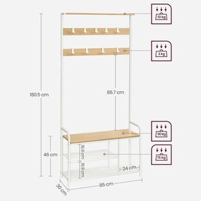Kabáttartó állvány, előszobafal paddal és cipőtárolóval 30x85x180,5 cm, tölgy és fehér