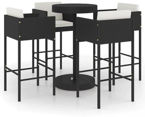 vidaXL 5 részes fekete polyrattan kerti bárszett párnákkal