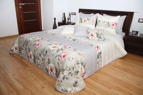 Krémszínű ágytakaró fehér és rózsaszín rózsa motívummal Szélesség: 200 cm | Hossz: 220 cm