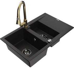 Mexen Gaspar, gránit mosogató 737x475x177 mm, 1,5 kamrás és Elia mosogató csaptelep, fekete, 6507-77-670101-50-B