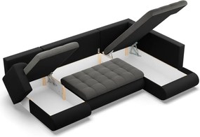 Tokio U sarokkanapé, 3 ágyneműtartóval, bársony + műbőr, jobboldali, szürke - fekete