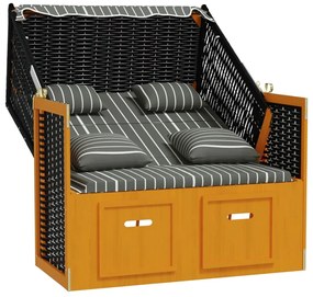 Fekete és szürke polyrattan és tömör fa strandszék párnákkal