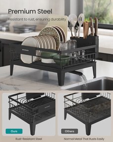 Edényszárító állvány, 360°-ban forgatható és kihúzható lefolyóval, fekete