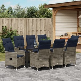9 Részes Kerti Étkezőszett Párnákkal Szürke Poly Rattan