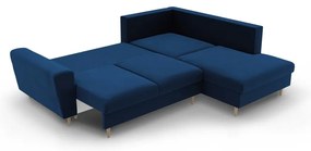 Kék bársony kinyitható tárolóhelyes sarokkanapé (jobb oldali-L alakú) Kyoto – Cosmopolitan Design