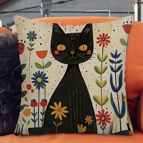 Párnahuzat 45x45 fekete macska retro művészi növények virágok cica boho