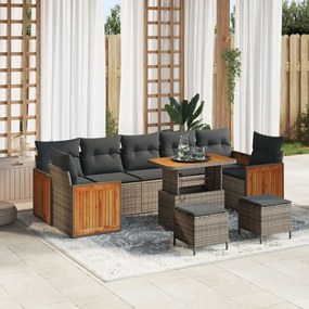 10 Darabos Kerti Sofa Készlet Párnákkal Szürke Poli Rattanból Akácos, 2-Fős Kerti Sofa Párnákkal Szürke Poli Rattanból, 3 Darabos Kerti Étkező Készlet Párnákkal Szürke Poli Rattanból Akácos