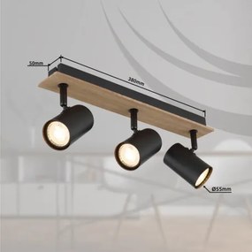 Globo 57905-3 Mennyezeti lámpa, fekete matt fém spotlámpa, sötét fa mintázatú MDF, HxSzxM: 410x60x152mm, 3x GU10 35W 230V izzók nélkül