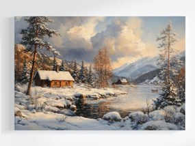 Vászonkép Canvas Téli Tájkép Kunyhó Hegyek Hó Erdő Tó 120x80