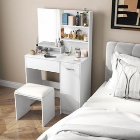 HOMCOM Sminkasztal Szett Tükörrel és Párnázott Székkel, Fiókkal, Tárolószekrénnyel és Állítható Polccal, 80L x 40W x 132H cm, Fehér | Aosom