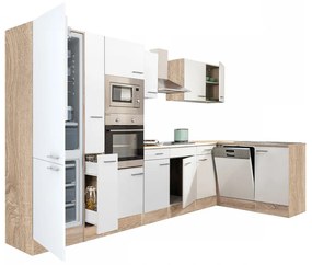 Yorki 370 sarok konyhablokk sonoma tölgy korpusz,selyemfényű fehér fronttal alulagyasztós hűtős szekrénnyel