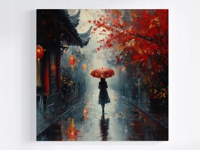 Vászonkép Canvas Nő Esernyő Keleti Utca Ősz Köd 80x80